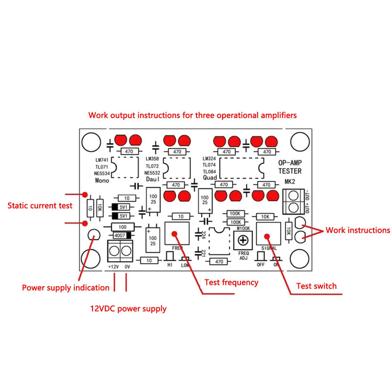 Operational Amplifier Testing Module Board, OP AMP Tester for Single, Double, Quad with DC12V T2, Ideal for Electronics Testing & Experiments