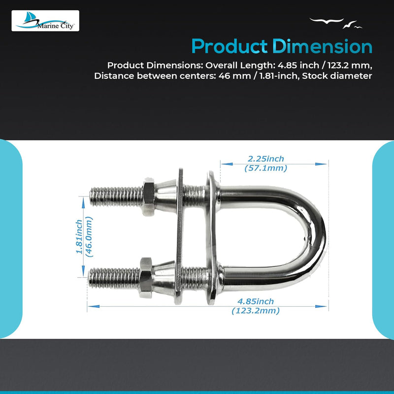 MARINE CITY 316 Stainless Steel U-Bolt with Plate, Nuts & Washer – 4.85" L x 2.25" W, 46mm Center, 8mm Dia, Heavy Duty Corrosion Resistant Deck Hardware for Boat, Marine, Yacht, RV (1 Pack)