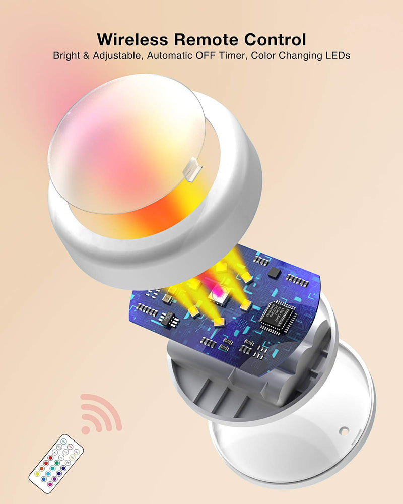 Puck Lights with Remote Control, Battery Operated LED Push Lights Wireless, 13 Color RGB - for Closet, Bedroom Wall, Under Cabinet, Battery Powered Puck Lights. Convenient 3M Stick On, 6 Pack 6-packs White