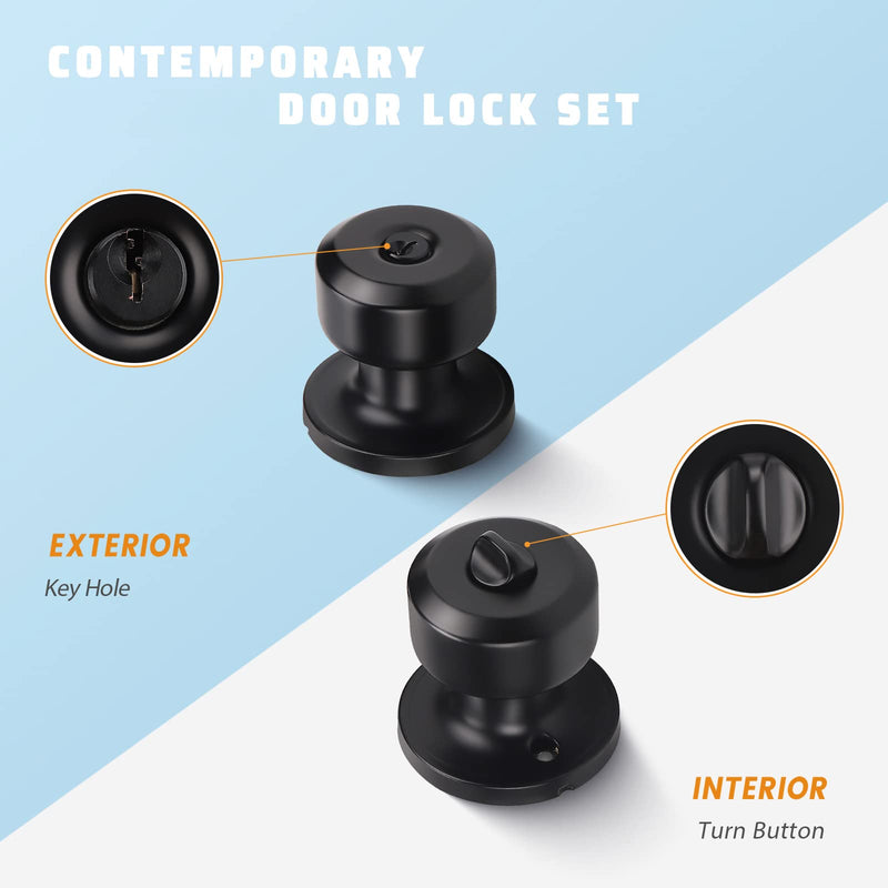 KNOBWELL 3 Pack Entry Door Knob with Lock and Keys, Keyed Alike Exterior Door Knobs in Matte Black Finish