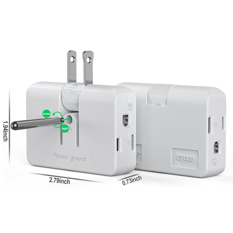 2-3 Prong Adapter,2 Prong to 3 Prong Outlet Adapter, 3 Prong to 2 Prong Adapter Converter,flat wall plug, Swivel Polarized Grounding Converter, Fireproof 3 Outlet Adapter for Household,2 Pack White
