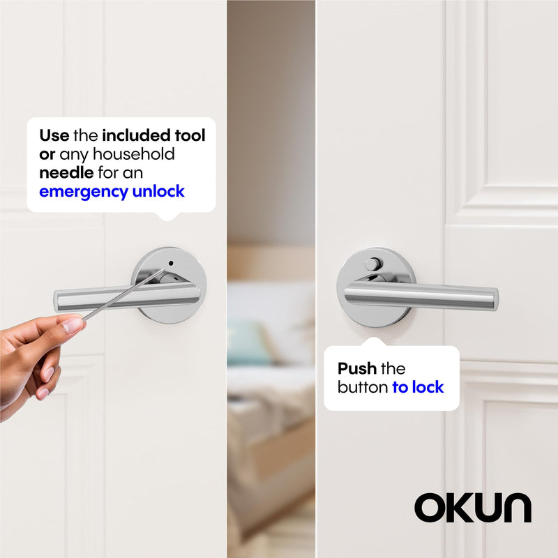 Okun Stark 1-Pack Chrome Privacy Door Levers – Push Button Lock, Reversible, Sleek Concealed-Mount Design for Bedroom & Bathroom 1 Pack