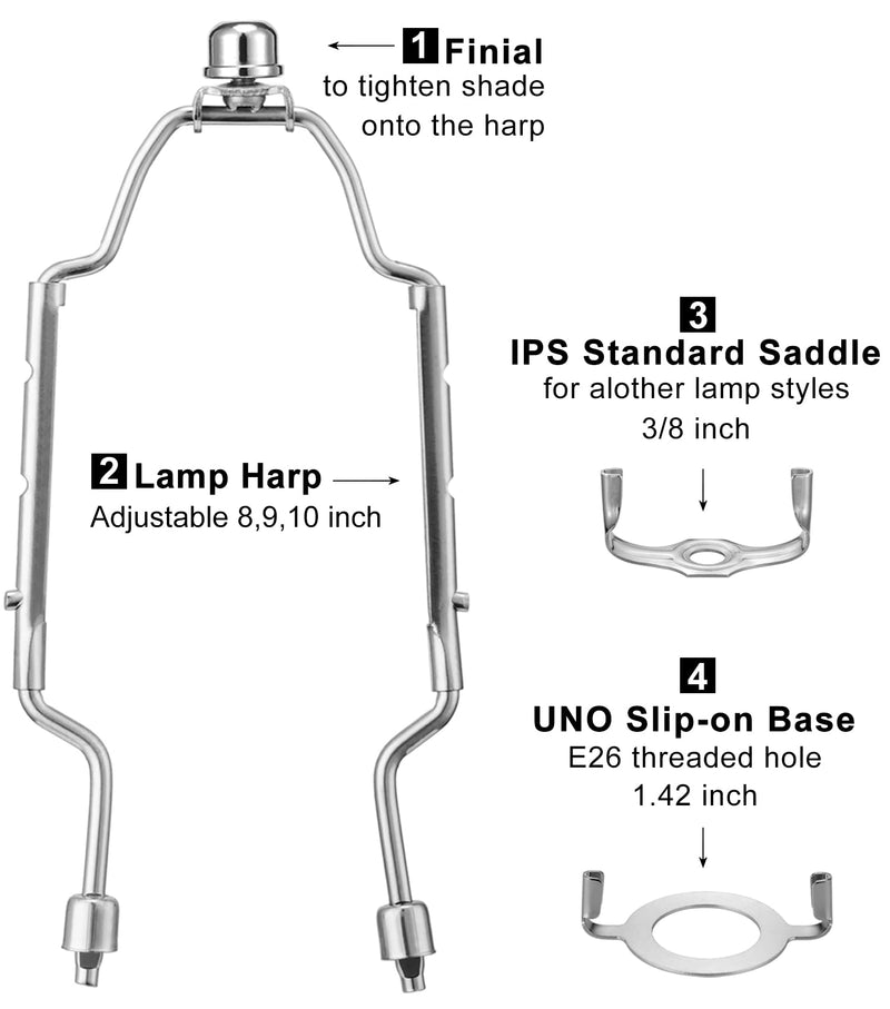 8 9 10 inch Lamp Shade Holder Kit [Adjustable] for Table and Floor Lamps, Heavy Duty Lamp Parts with 3/8 Standard Saddle, UNO Fitter Adapter and Lamp Finial (Silver) Silver
