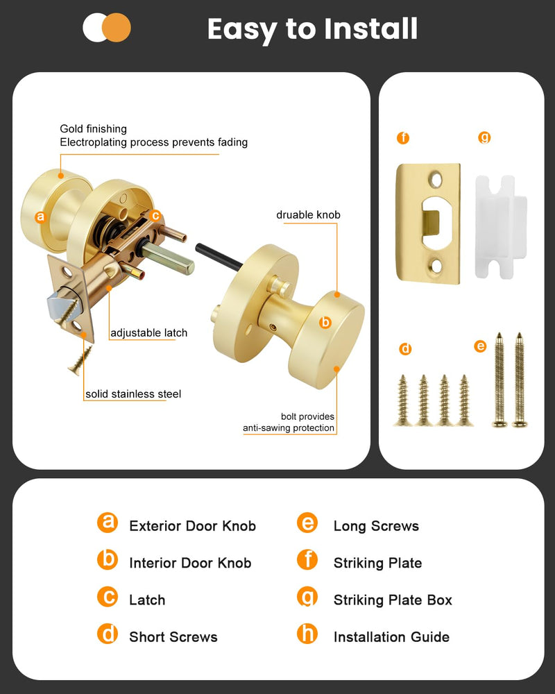 Goldenwarm 1 Pack Gold Door Knob with Deadbolt, Exterior Front Brass Door Knobs and Single Cylinder Deadbolt, Brushed Gold Front Door Locks Set - Zinc Alloy Heavy Dut
