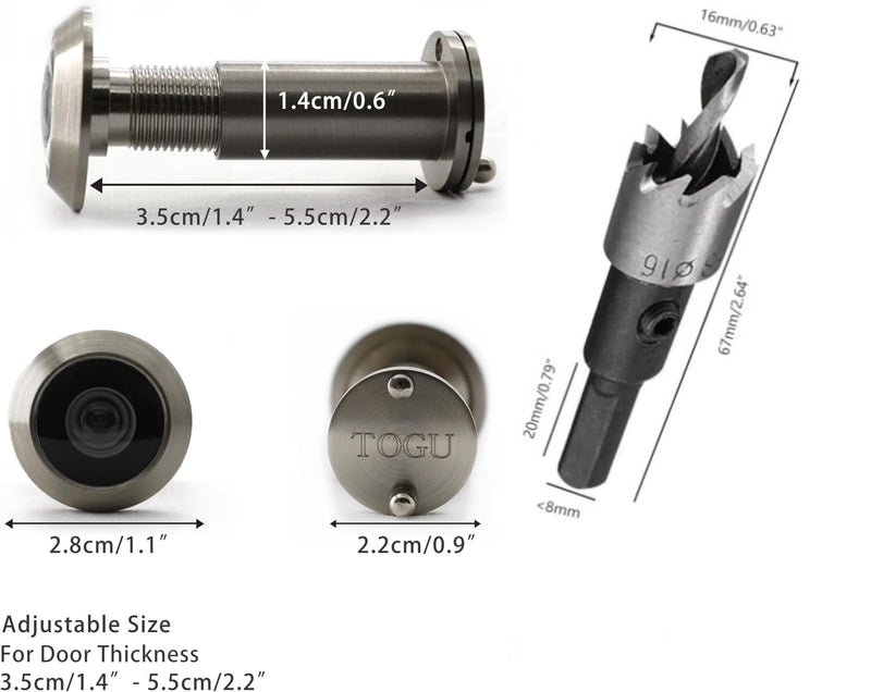TOGU 10PCS of 220-degree Solid Brass Peep Holes for Door with 16mm Drill Bit, 0.63 inch Door Peephole with Privacy, Compatible with Door Thick from 1-3/8" to 2-1/6", Satin Nickel Finish 10 PACK + 2 Drill