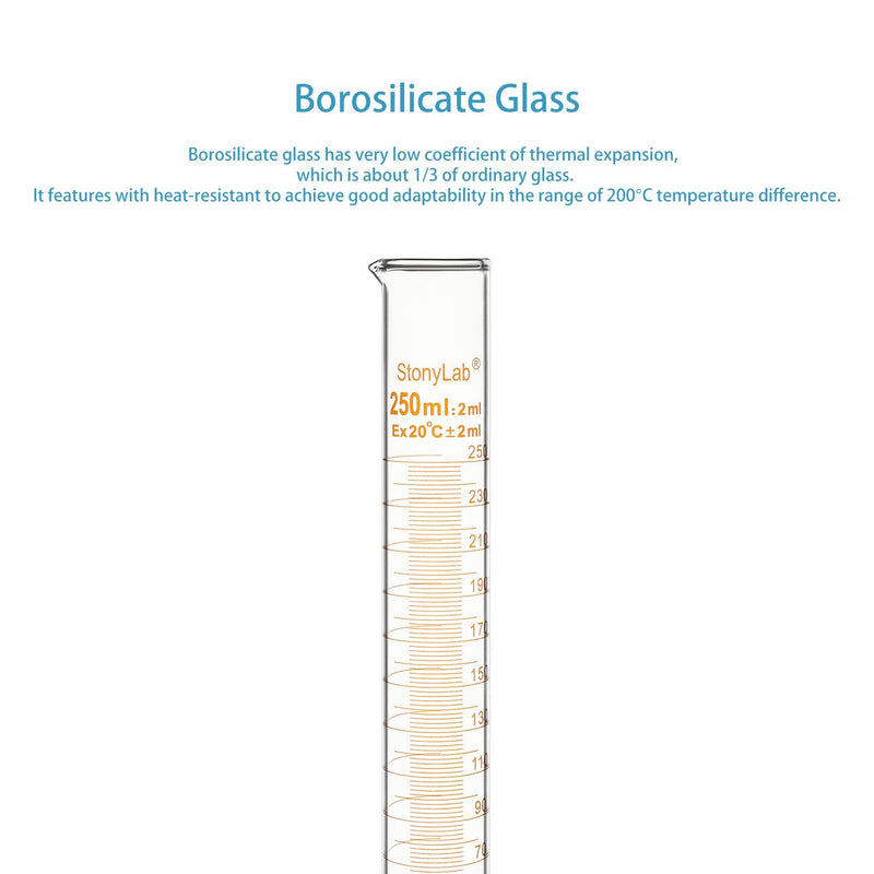 stonylab Graduated Cylinder, 2-Pack B Grade Borosilicate Glass Cylinder with Stable Hexagonal Base, 250 ml