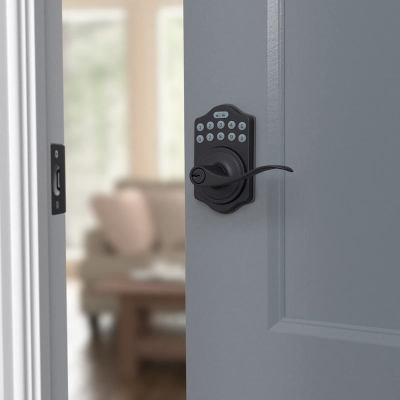 Amazon Basics Electronic Keypad, Keyless Entry Door Lock Deadbolt with Handle Set, Key Pad Front Door with Knob, Door Locks for Front Door, Door Handle, Matte Black, 1-Pack