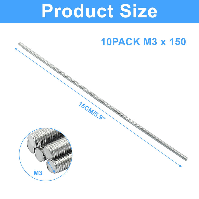 Litoexpe 5 Pack Fully Threaded Rod M3 x 300mm, 304 Stainless Steel Right Hand Threaded Rods Bar Studs M3*300