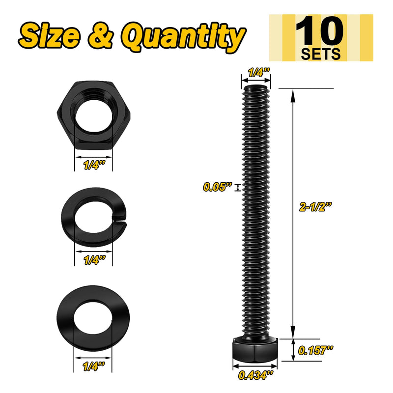 (10 Sets) 1/4-20 x 2-1/2" Hex Head Stainless Steel Bolts and Nuts with Flat & Lock Washers, 304 Stainless Steel 18-8, Fully Threaded, 1/4 Bolt, Black Oxide by Mywish (Black)1/4"-20 2-1/2"