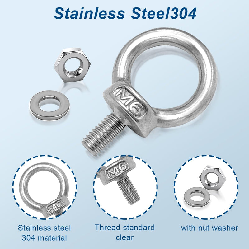 10 Pcs M6 Eye Bolts with Nuts Stainless Steel Lifting Eye Bolt UNC Heavy Duty Marine Grade Shoulder Ring Eyebolt, Eye Bolts with Nuts 1/4