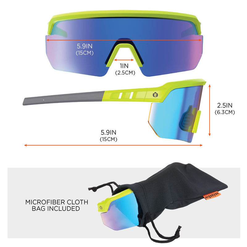 Ergodyne Skullerz AEGIR Safety Sunglasses, Mirrored Lens, ANSI z87.1 Lime Frame, Blue Mirror Lens