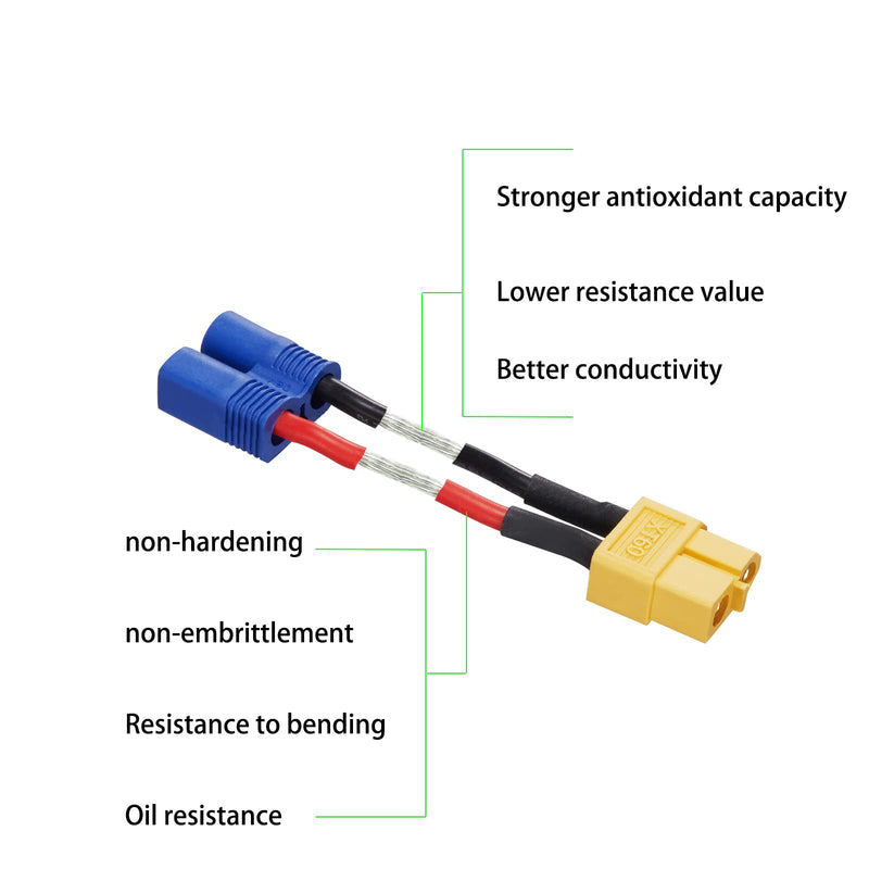 EC3 Male to XT60 Female Connector Adapter, 4pcs XT60-EC3 Extension Cable,RC Battery Adapter with 5cm 16AWG Silicone Wire for LiPo Battery Micro FPV Drone XT60 female-EC3 male