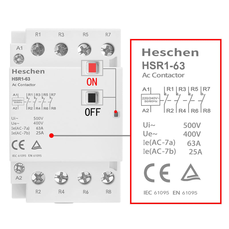 Heschen Household AC Contactor HSR1-63 4 Pole Four Normally Closed 220V/240V Coil Voltage 35mm DIN Rail Mount
