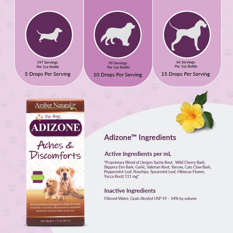 Amber NaturalZ Adizone Herbal Supplement for Dogs | Canine Herbal Supplement for Occasional Soreness, Stiffness, Aches and Discomfort | 1 Fluid Ounce Glass Bottle | Manufactured in The USA 1 Ounce - PawsPlanet Australia
