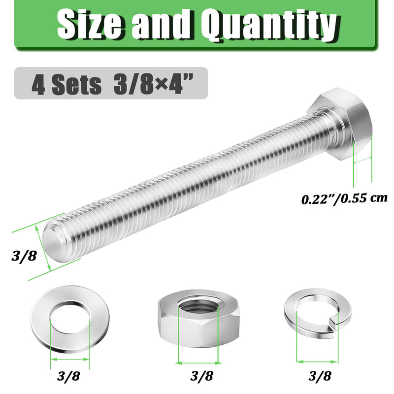 4 Sets 3/8-16 x 4 Stainless Steel Hex Head Screws Bolts, Nuts, Flat & Lock Washers, 18-8(304) Full Thread 3/8-16 × 4"（4 Sets）