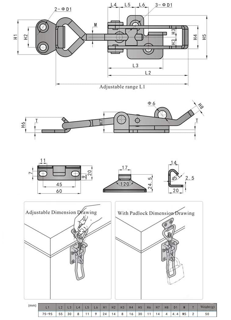 4 Pack Adjustable Buckle Cabinet Boxes Lever Handle Toggle Catch Latch Lock (1S-4,Range:75-95mm) 1S-4,Range:75-95mm
