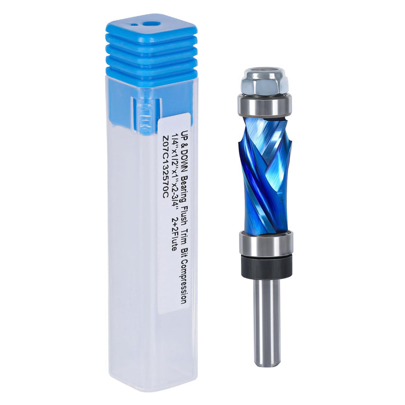 Compression Flush Trim Router Bit with Top & Bottom Bearing, 1/4” Shank, 1/2“ Cutting Dia Pattern Template Flush Cut Solid Carbide Router Bit for Woodworking Trimming Top+Bottom Bearing