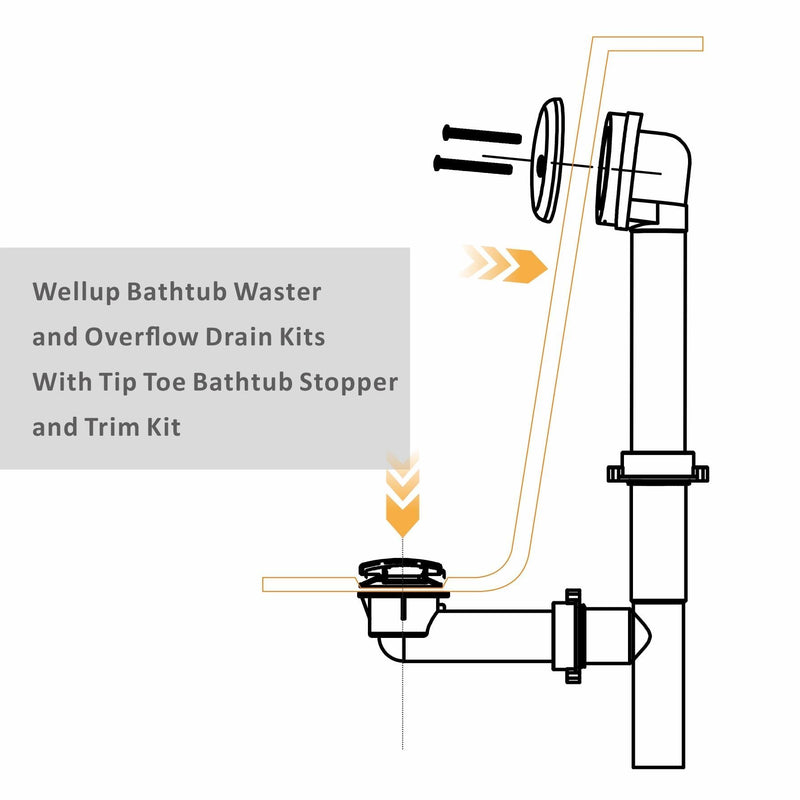 Brushed 1-1/2" Tubular Bath Drain Kit with Tip Toe Bathtub Drain Stopper, Wellup Tub Drain Kit Bath Waste and Overflow Cover, PVC Plastic Pipe for Standard Size Tubs, Brushed Nickel