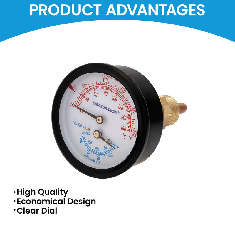 MEASUREMAN Commercial Tridicator Boiler Gauge Kit, 2.5" Dial, 0-200 PSI (ft H₂O) & 70-320°F, 1/4" NPT Back Mount with 1/2" NPT Adapter and O-Ring（2.95'' Stem） 0-200 PSI 60-320°F 2.95'' Stem,with 1/2" NPT Adapter