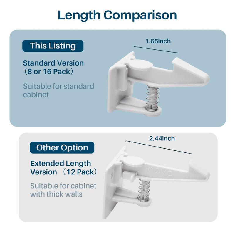 Inaya 16-Pack Cabinet Locks (Standard Length), Child Safety Latches - Baby Proofing Cabinets and Drawer Locks - 3M Adhesive - No Drilling & No Tools Required - Child Proof Your Home 16 Pack (1.65 Inch)