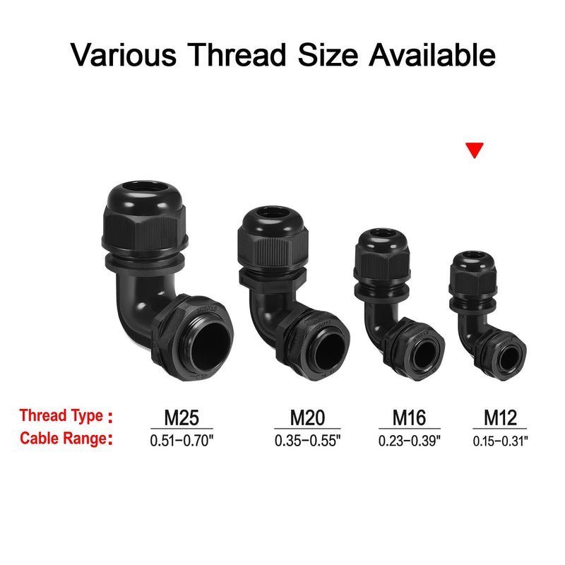 LeMotech M12 Cable Gland, 90 Degree Adjustable 4-8mm Strain Relief, Cord Connectors Nylon Joints with Gaskets, 2 Pcs, Black M12-2pc