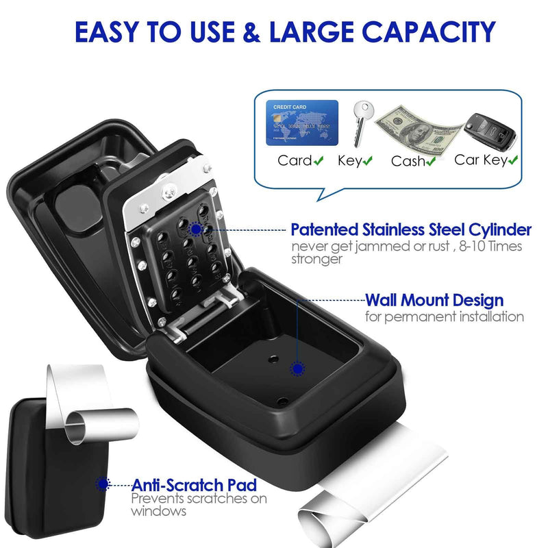 Car Key Lock Box, Waterproof 12-Digit Combination Car Window Lockbox, Metal Wall Mount Resettable Punch Button, Large Capacity for Turo, Ride Share, ID Cards, House Garage Office Spare Keys-Black Black