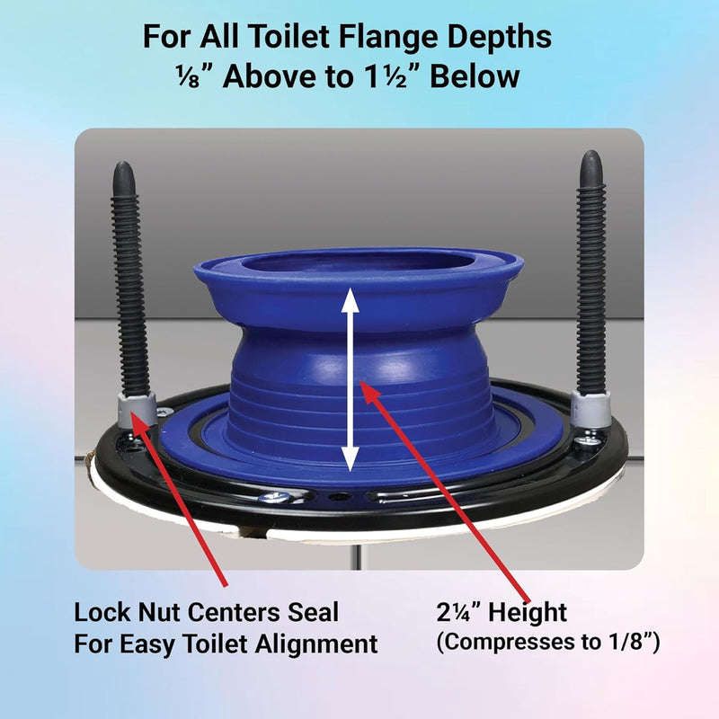 One N Done Toilet Flange Repair Kit - Complete Toilet Seal Repair For Wax Seal, Rubber Gasket Ring,Tool-Free Nuts Includes 3 1/2-Inch Locking Bolts, Bolt Caps- Easy Toilet Bowl Repair (1, Blue)
