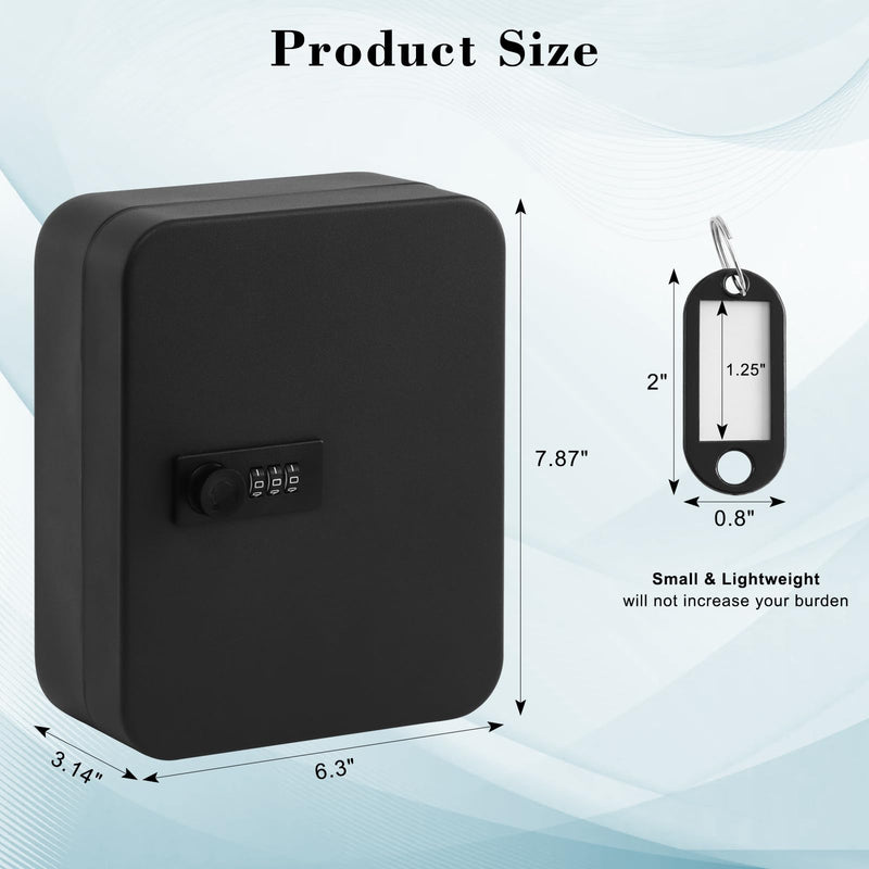 KYODOLED 20 Key Storage Lock Box with Code, Key Cabinet Organizer Wall Mount with Combination Lock, Hooks & Labels for Home, Office & Rental Properties, 7.87 x 6.3 x 3.14 in, Black Black With Combination Lock