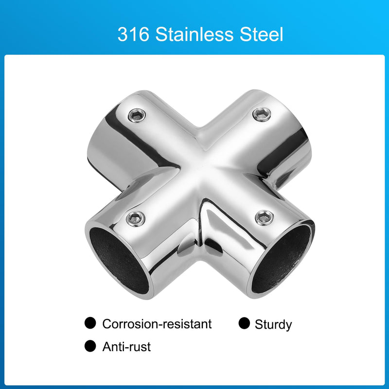 Boat Handrail Fitting 90 Degree 4-Way Cross Tube Pipe Connector for 7/8" Round Tubing, 316 Stainless Steel Pipe Joint, Marine Grade Pipe Fitting (2-Pack) 7/8 Inch
