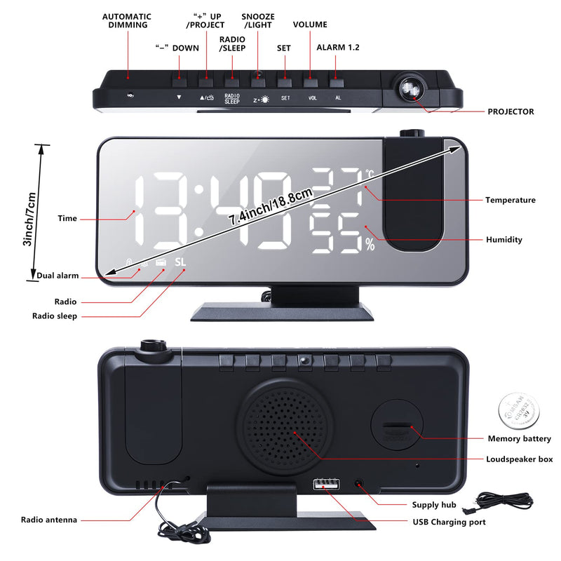 Projection Alarm Clock for Bedrooms Ceiling, Digital Clock Radio with USB Charger Port, Temperature & Humidity Display, 7.3” Large LED Display,12/24H,Snooze,Dual Loud Clock- 4 Dimmer Black