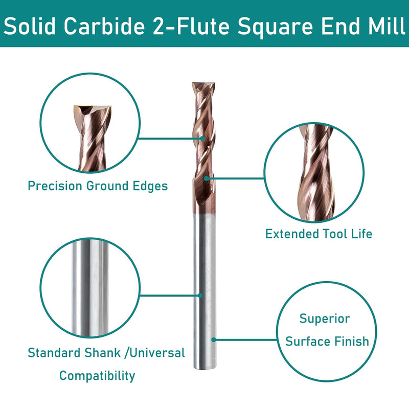 NZ 1/4" 2-Flute Square End Mill, CNC Milling Bits TiSiN-Coated Carbide (HRC55) for Hardened Steel, Ti Alloy, Alloy Steel & Cast Iron | 5-Pack 1/4 inch