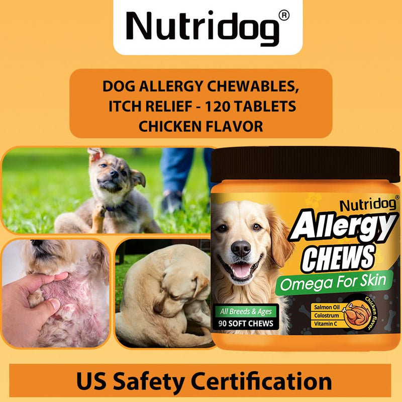 Allergy Chews for Dogs - Dog Itching Skin Relief & Seasonal Allergy Support with Chamomile - Salmon Oil, Quercetin - Probiotic Anti-Itch Supplement for Dogs - Chicken Flavor - 90 Count
