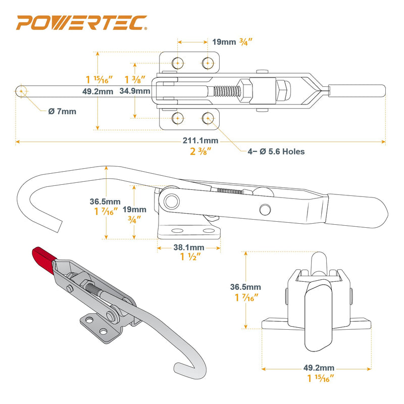POWERTEC 2PK Toggle Clamp, 375 lbs Holding Capacity, 451 Adjustable Pull Action Latch for Smoker, Tool Box, Woodworking Jigs and Fixtures, Cabinet, Lids, Door, Truck (20308-P2V) 451, 2PK