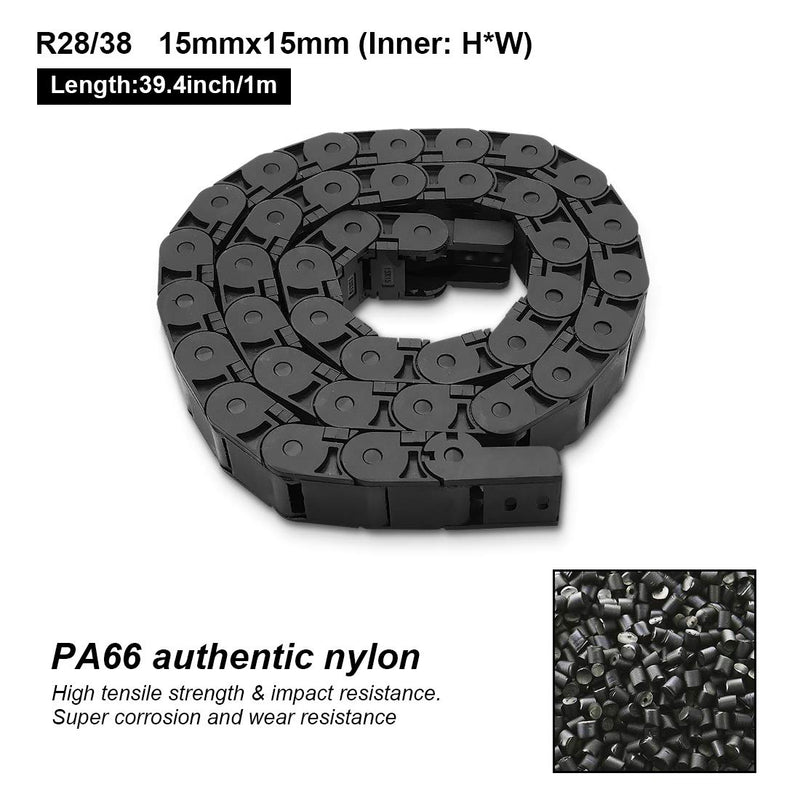 R28/38 15mm x 15mm(Inner H x Inner W) Black Plastic Cable Wire Carrier Drag Chain 1M Length for CNC, with End Connectors - Semi Enclosed Type (Inner side openable) 15*15B