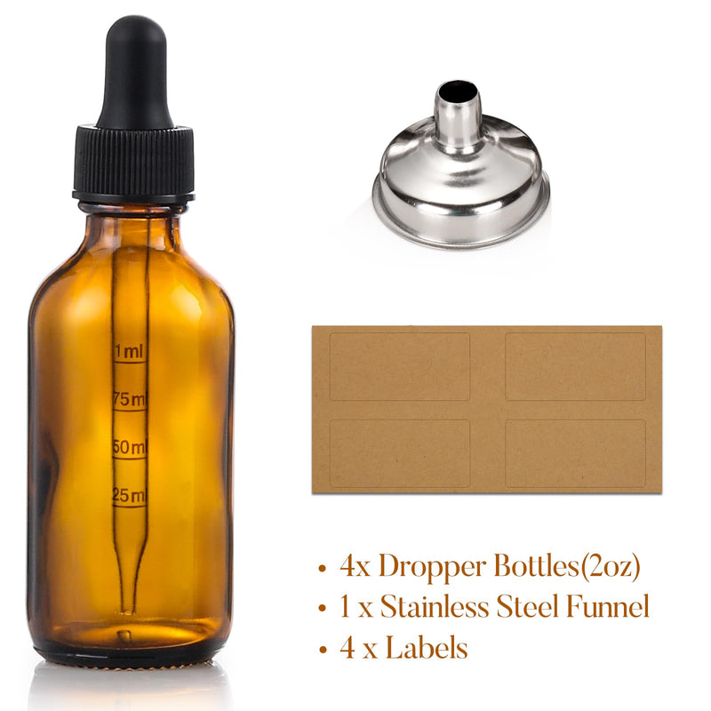 2 oz Dark Amber Glass Dropper Bottles with Measurement Dropper, 4 Pack- 60ml Thick Tincture Bottles with Measured Eye Dropper, Leakproof Essential Oils Bottles for Health, Personal Care & Beauty