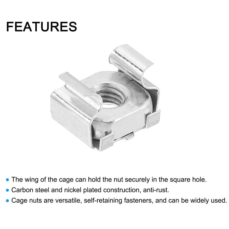 uxcell M5 x 0.8mm Cage Nut, 50Pcs Snap-in Cage Nuts, Carbon Steel Zinc Plated Metric Nut for Server Rack Cabinet, Silver 50