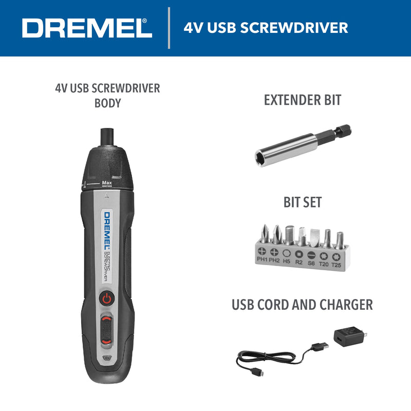 Dremel 4V Cordless Screwdriver Kit with 6 Power Settings and Smart Stop Technology, Includes 7 Screwdriver Bits, 1 Bit Extender, USB Cable and Power Adapter, HSES-01 Electric Screwdriver