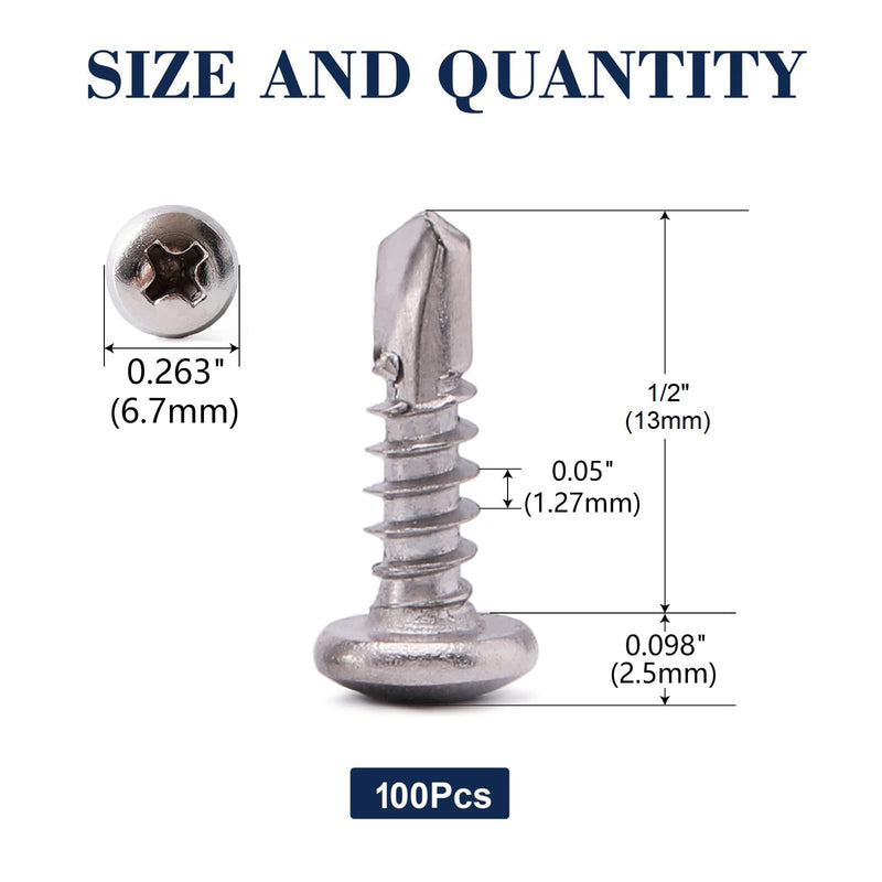 #6 x 1/2" Sheet Metal Screws 100Pcs 410 Stainless Steel Pan Head Fast Self Tapping Screws by SG TZH #6 x 1/2"