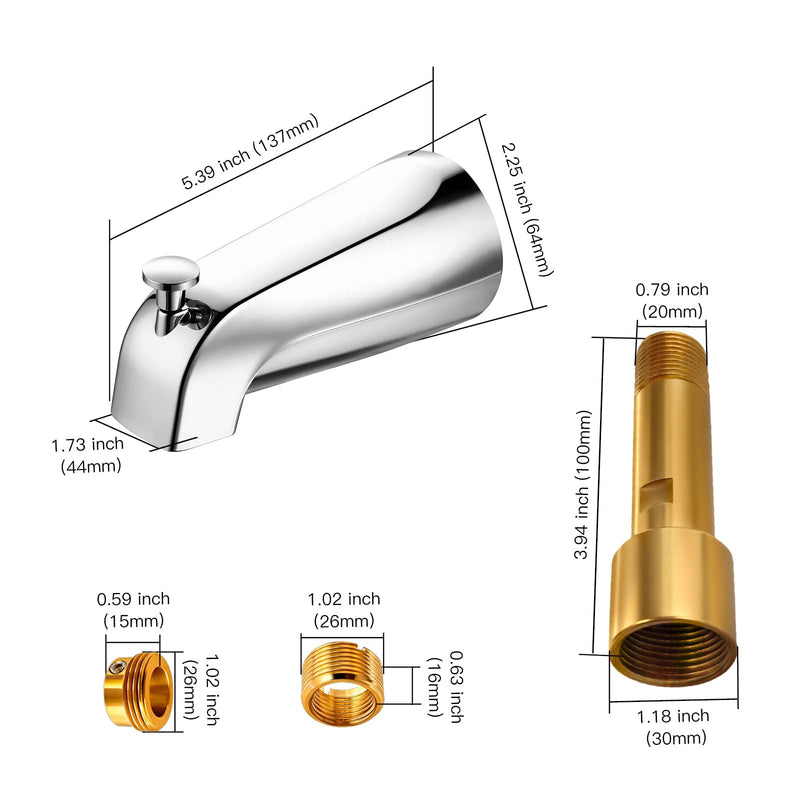 Metal Chromel Bathtub Spout with Diverter, All Metal,5.3 Inch Tub Spout, Fits 1/2" Copper Slip-On and 1/2" or 3/4" IPS Threaded Pipes, Leak-Free, Slip Fit Tub Spout with Pull-Up Diverter