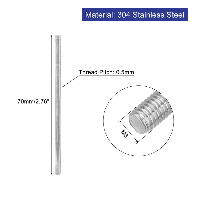 uxcell 8Pcs Fully Threaded Rod, M3 x 70mm 304 Stainless Steel Right Hand Thread Bar Studs M3-0.5 Thread Pitch for Furniture Machinery Assembly 8