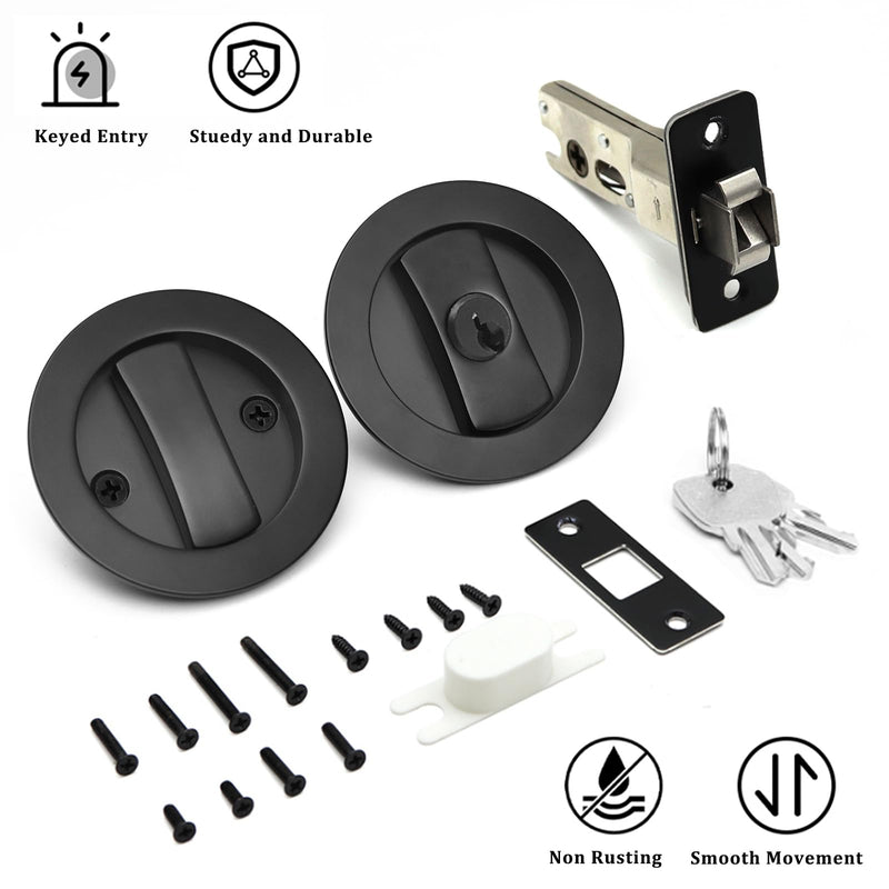 Dontay Pocket Door Lock with Key, Contemporary Entrance Sliding Barn Door Lock Latch, Recessed 2 Sided, 2 3/8" Backset, Flush Handles Hardware (Including Edge Pull, Brushed Nickel, Round - 1 Pack) Including Edge Pull