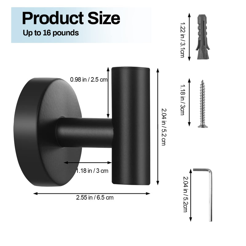 Kruodop Towel Hooks for Bathroom,2 Packs Wall Mount Towel Holder,Black Matte Wall Robe Hook,Stainless Steel Heavy Duty Door Hanger Towel Hook for Kitchen, Bedroom,Hotel,Pool,Coats(Drilling) 2pcs black