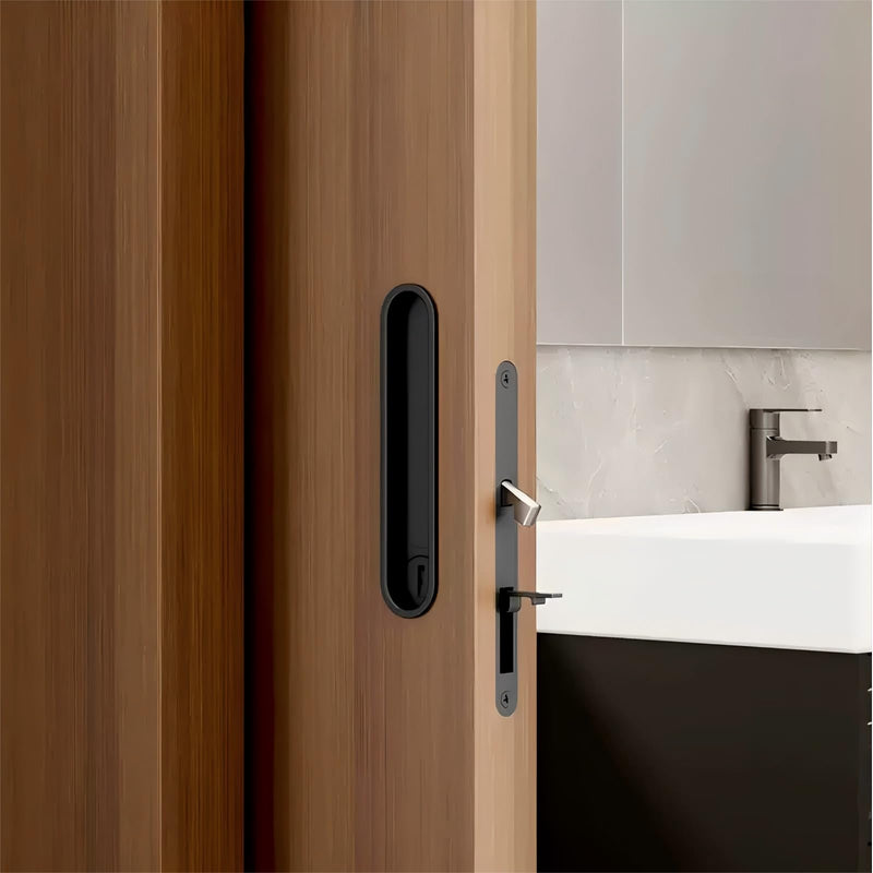 Pocket Door Lock and Pull Recessed Sliding Door Handle 6 Inch Invisible Door Lock Hidden Edge Pull No Key for Doors for Bedroom Kitchen (Black, for 1.38"-1.77" Door)