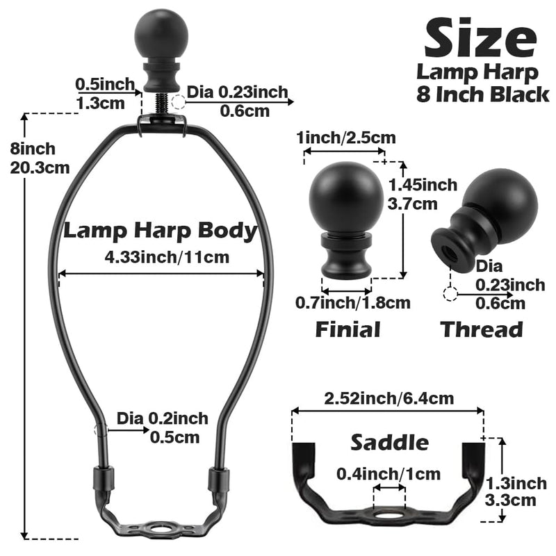 8 Inch Lamp Harp, Black 2 Set Lamp Harps and Finial, Metal Lamp Shade Harp Holder, DIY Detachable Lampshade Bracket Adapter Hardware, Replacement Table & Floor Light Accessories Parts Repair 8inch Metal Finials