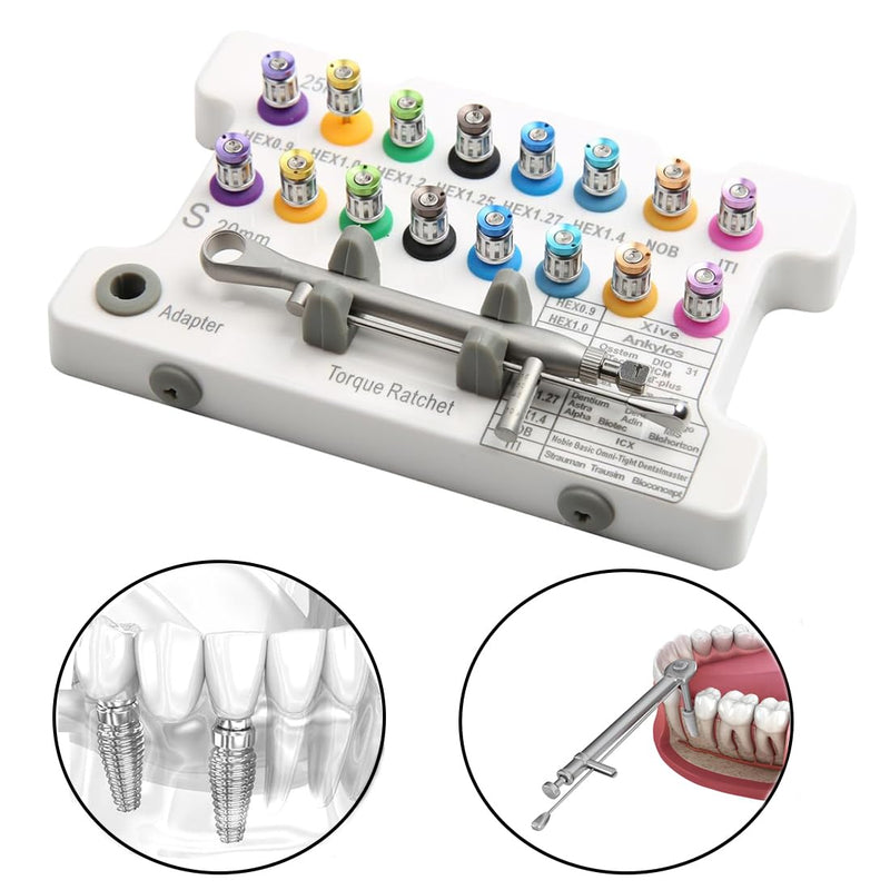 Dental Implant Torque Wrench Universal Kit ScrewDriver Prosthetic Adjustable Torque Value of 10-70Ncm Secure Disassemble Ratchet Drivers Implant Repair Tools Rectangular Colorful