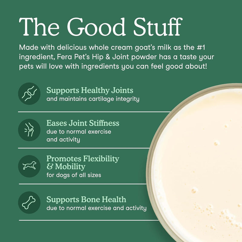 Fera Pets Goat Milk - Cat & Dog Hip and Joint Support with Glucosamine, MSM & Green Lipped Mussel - Supports Flexibility, Mobility & Bone Health - for Picky Eaters - 60 TSP Hip & Joint