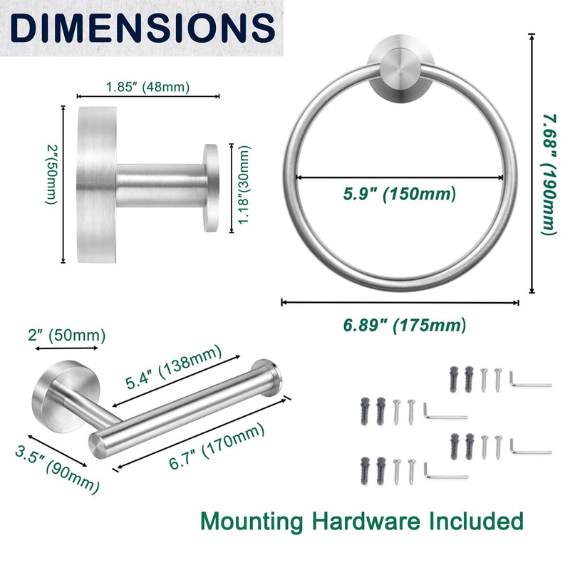 Bathroom Hardware Set 4 Pieces, Brushed Nickel SUS304 Stainless Steel Wall Mounted Toilet Paper Holder, 2 Robe Towel Hooks, Towel Ring, Heavy Duty 4 in 1 Towel Holder Set for Bathroom 4 Pcs - Brushed Nickel