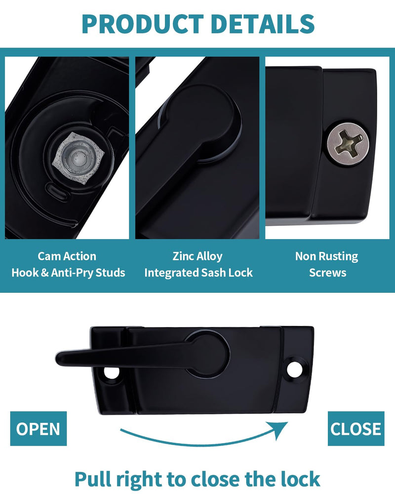 10 Pack Window Sash Locks - Cam Action Security Window Latch Replacement for Single/Double Hung, Vertical, Horizontal Sliding Windows, Window Locks for up and Down Windows (Black) Black 10