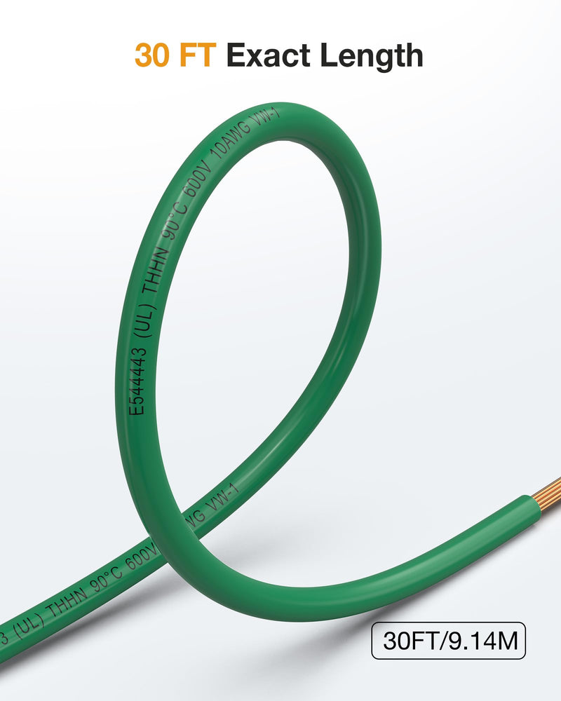 10 Gauge THHN Wire, 10 AWG Stranded Oxygen-Free Copper Wire, Flexible PVC/Nylon Jacket, 600V Rated Grounding Cable for Residential, Inverter, Electrical Box (30 FT, Green) 10awg 30ft