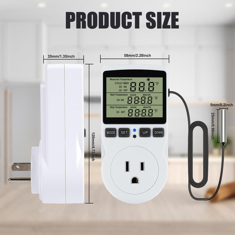 Plug in Digital Thermostat Temperature Controlled Outlet, 1800W 120V 15A Heating Cooling Control for Reptile, Incubation, Aquarium, Refrigerator, Home Brewing Without Backlit